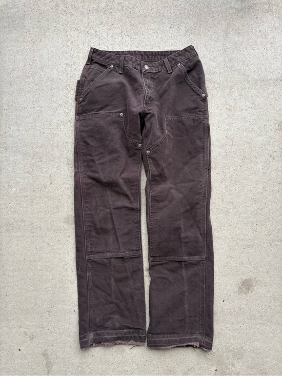 Carhartt Denim - Carhartt WB136 DKB Dark Brown Double Knee Canvas Pants Cut Raw Hem 28x30.5